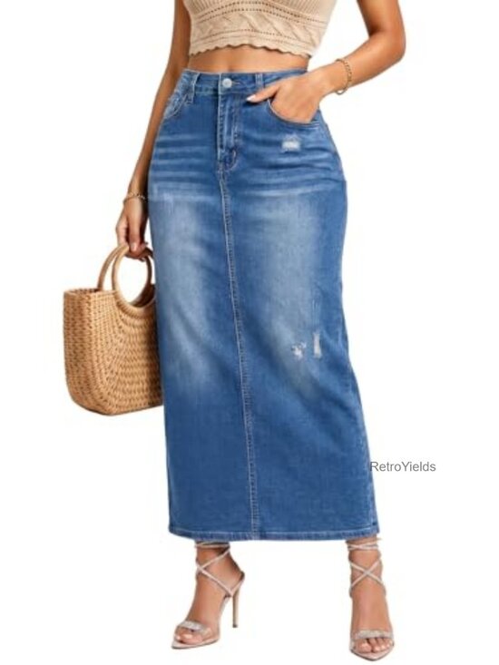 Dresses & Skirts - High Waisted Long Denim Skirt Stretch Back Slit Distressed Whisker Wash Midi